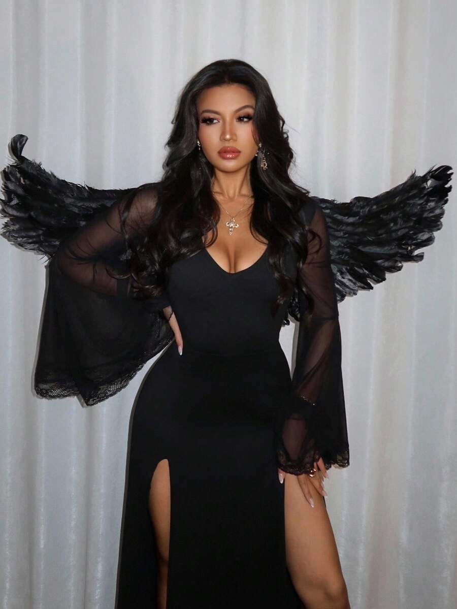 Women's slim-fit long goth dress in black featuring a deep V-neckline, extra-long flared sleeves, and a split thigh detail.