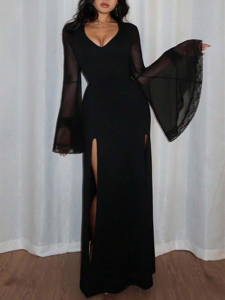 Women's slim-fit long goth dress in black featuring a deep V-neckline, extra-long flared sleeves, and a split thigh detail.