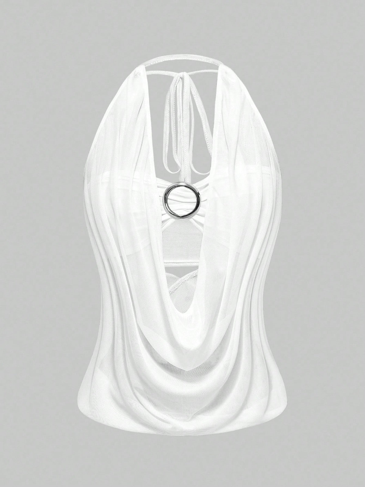 Women's cowl neck halter crop tank top featuring a draped backless design and matching bandeau inner layer.