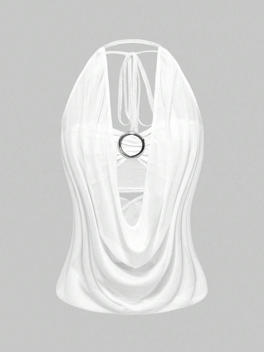 Women's cowl neck halter crop tank top featuring a draped backless design and matching bandeau inner layer.
