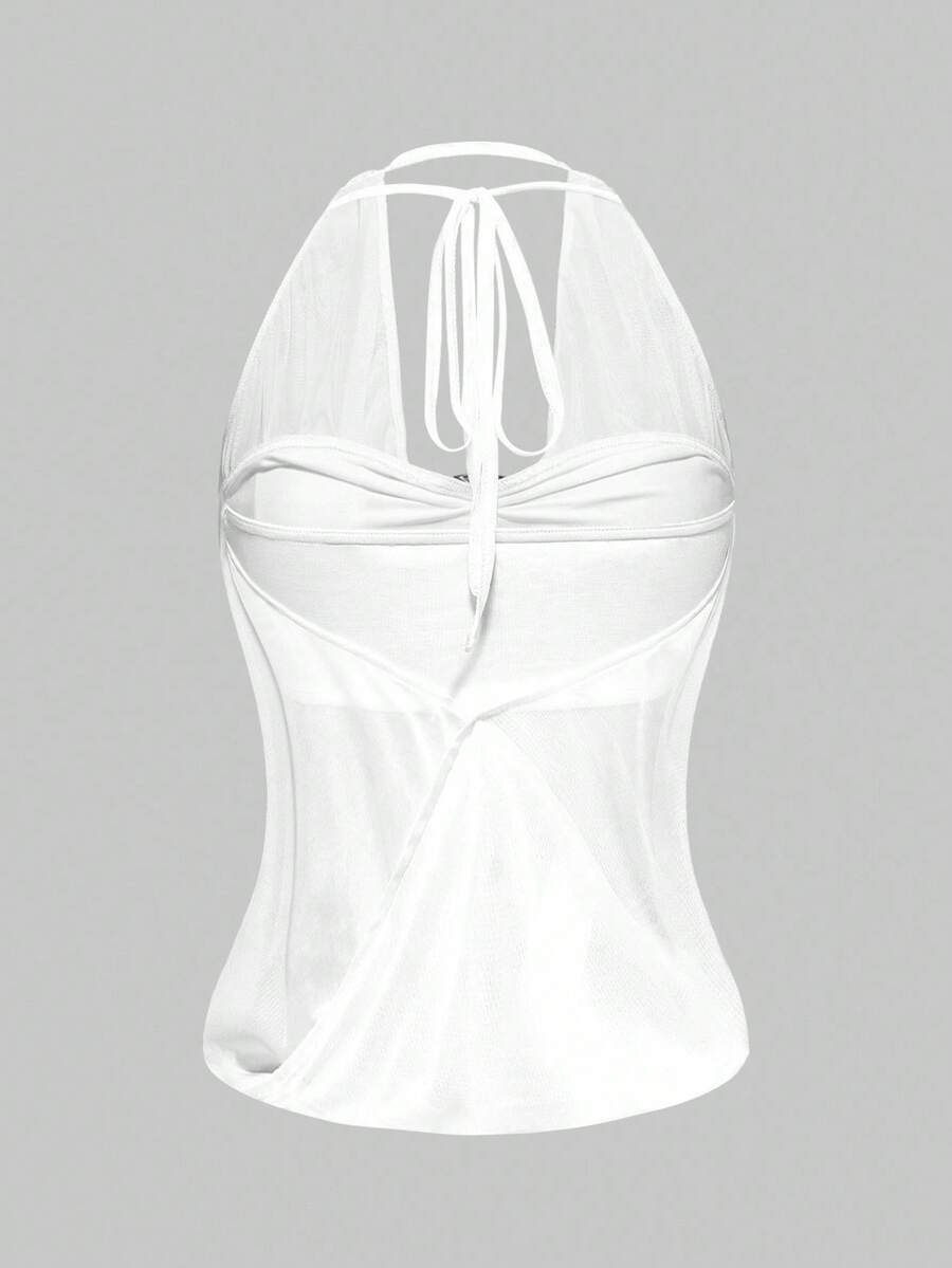 Women's cowl neck halter crop tank top featuring a draped backless design and matching bandeau inner layer.