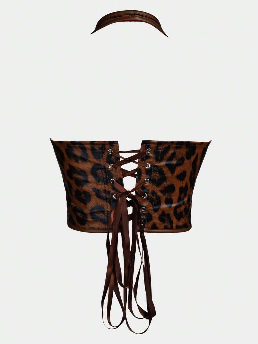 Black PU leather halter crop top for women with a backless design, split detail, tie-back closure, and grommet eyelets.