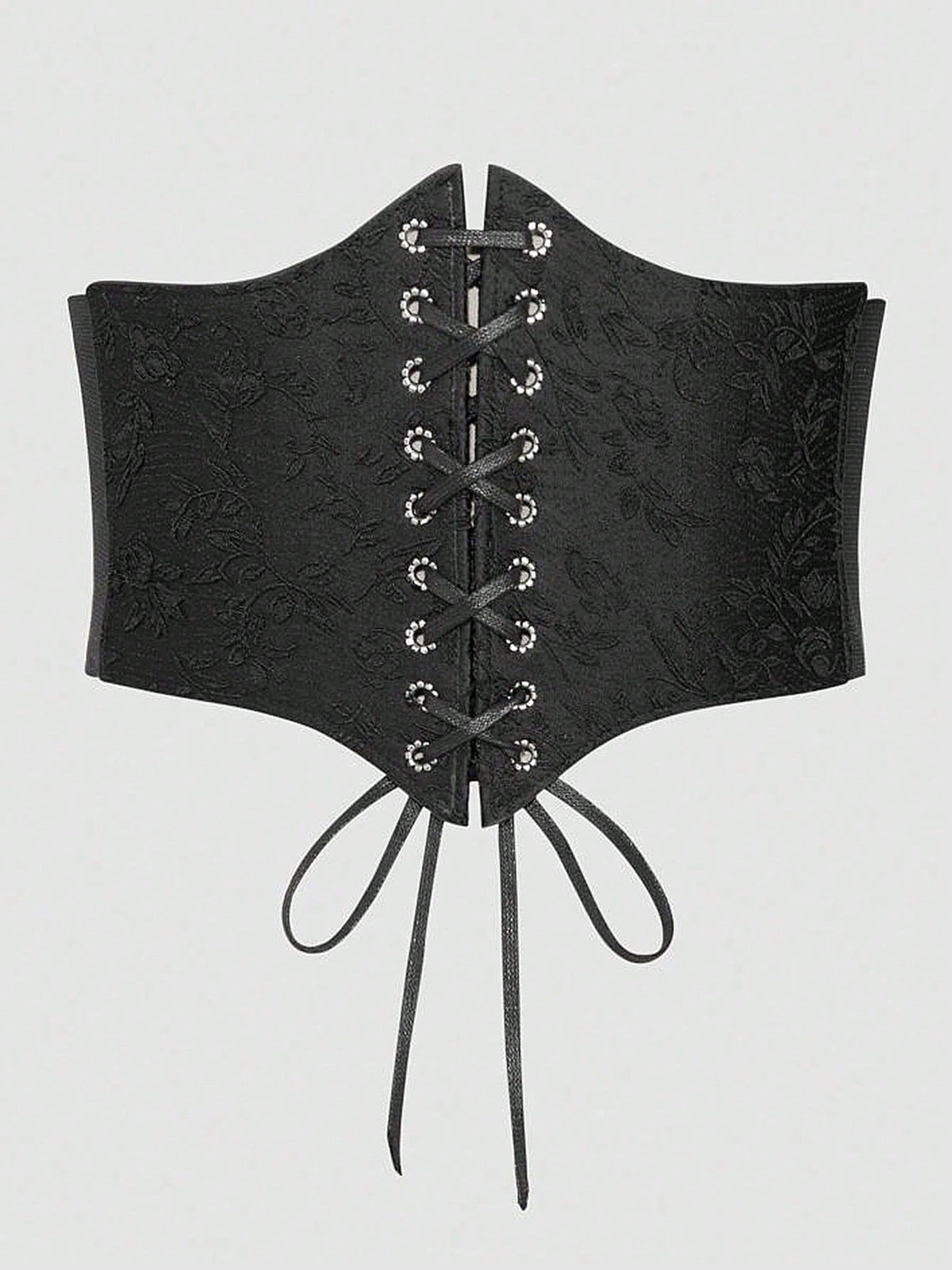 Black lace-up waist cincher with grommet eyelets, baroque pattern, medium stretch, and wide belt design for women.