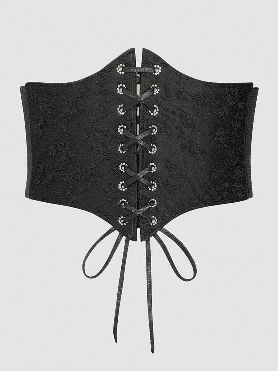 Black lace-up waist cincher with grommet eyelets, baroque pattern, medium stretch, and wide belt design for women.