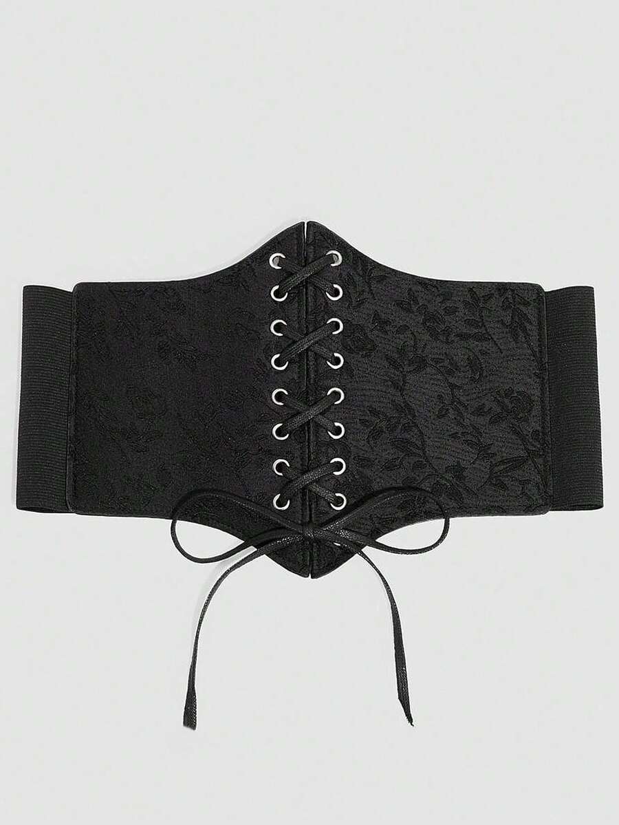 Black lace-up waist cincher with grommet eyelets, baroque pattern, medium stretch, and wide belt design for women.