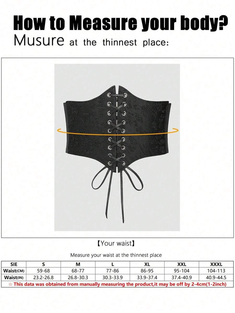 Black lace-up waist cincher with grommet eyelets, baroque pattern, medium stretch, and wide belt design for women.