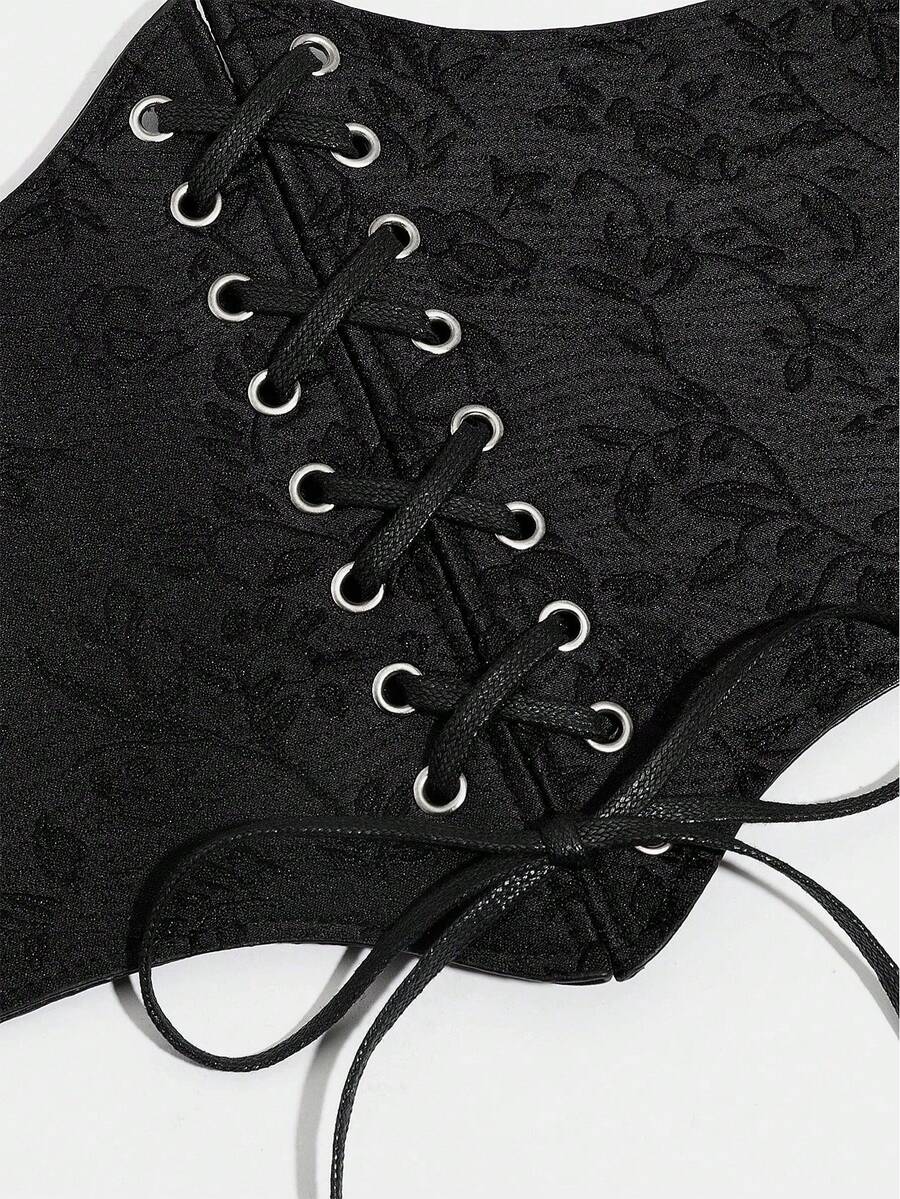 Black lace-up waist cincher with grommet eyelets, baroque pattern, medium stretch, and wide belt design for women.