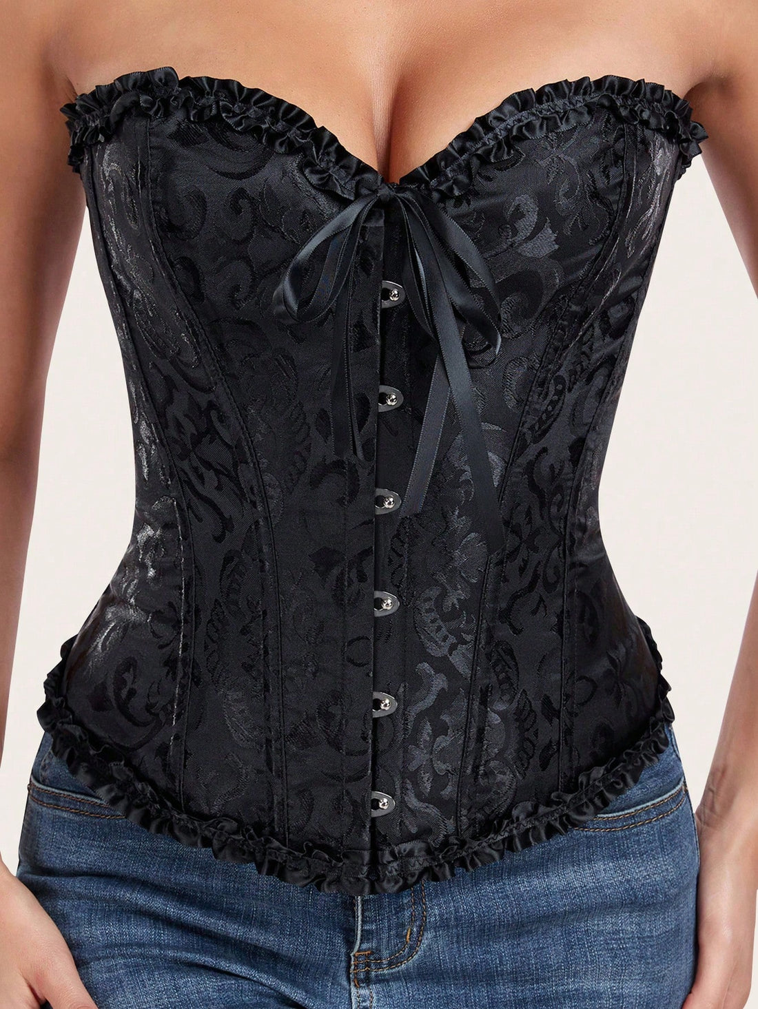 Women's sleeveless corset body shaper top with lace-up front, grommet eyelet details, strong bust and waist support, and a romantic vintage style.
