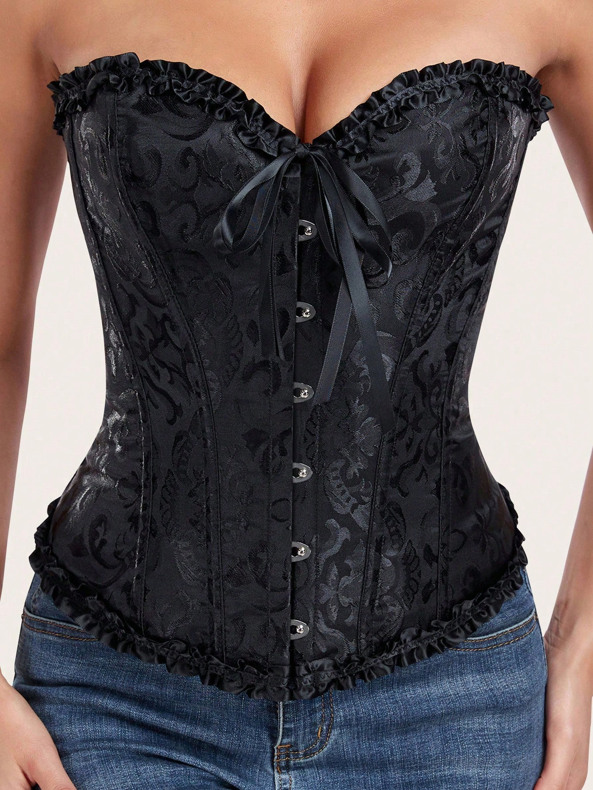 Women's sleeveless corset body shaper top with lace-up front, grommet eyelet details, strong bust and waist support, and a romantic vintage style.