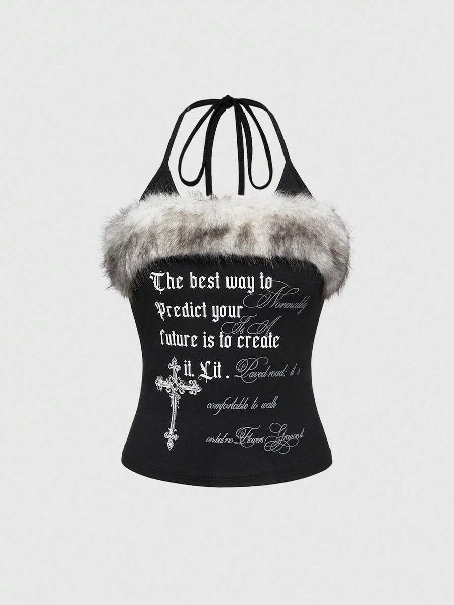 Black graphic print halter cami top featuring contrast faux fur trim, spaghetti straps, backless design, and micro crop fit.