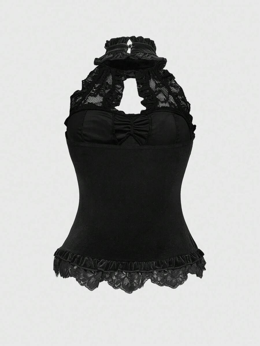 Women's black lace patchwork crop camisole with spaghetti straps, backless design, and tie-up front details.