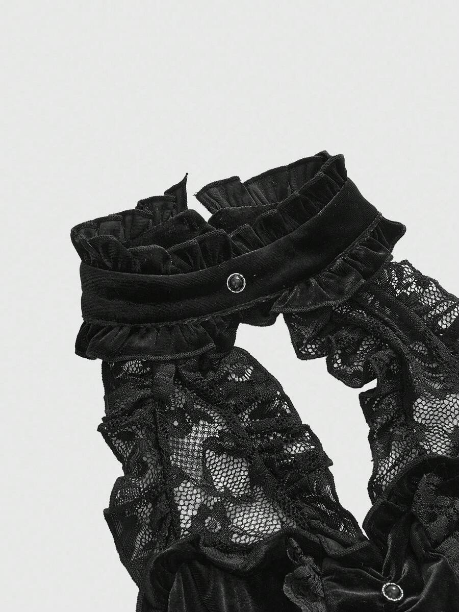 Women's black lace patchwork crop camisole with spaghetti straps, backless design, and tie-up front details.