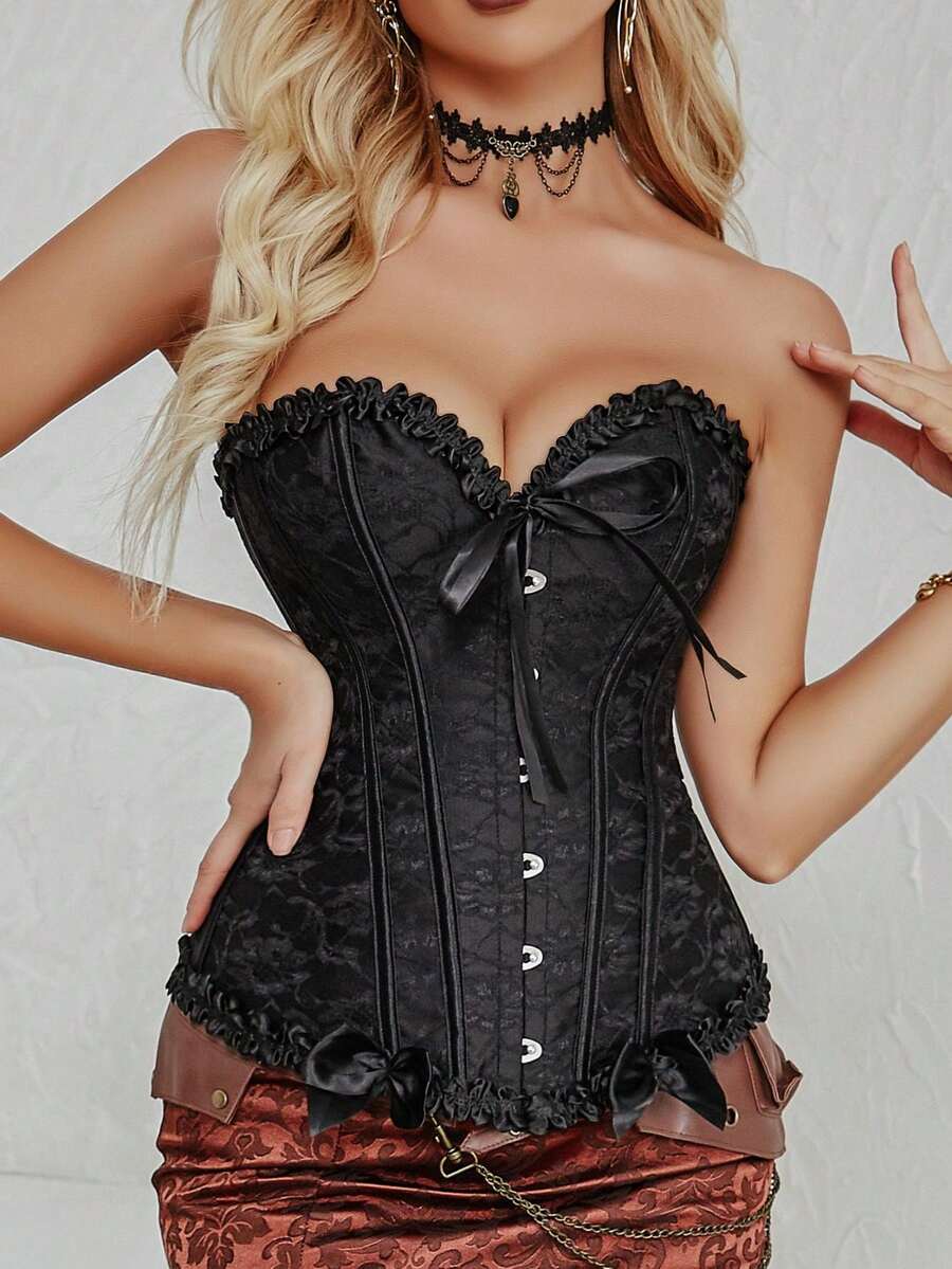 Women’s strapless corset bustier top with ruffle bow detail, boned structure, slim fit, and short tube design for party and occasion wear.