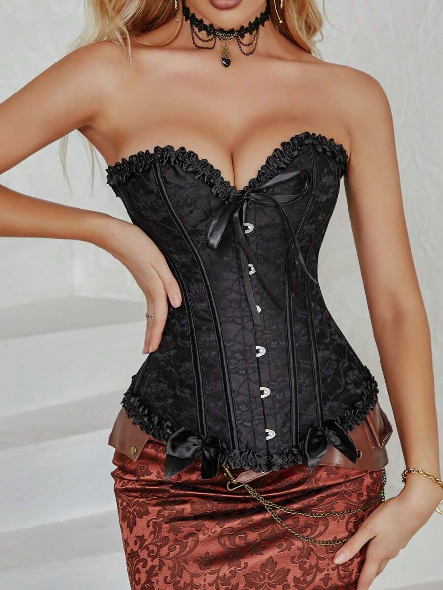 Women’s strapless corset bustier top with ruffle bow detail, boned structure, slim fit, and short tube design for party and occasion wear.