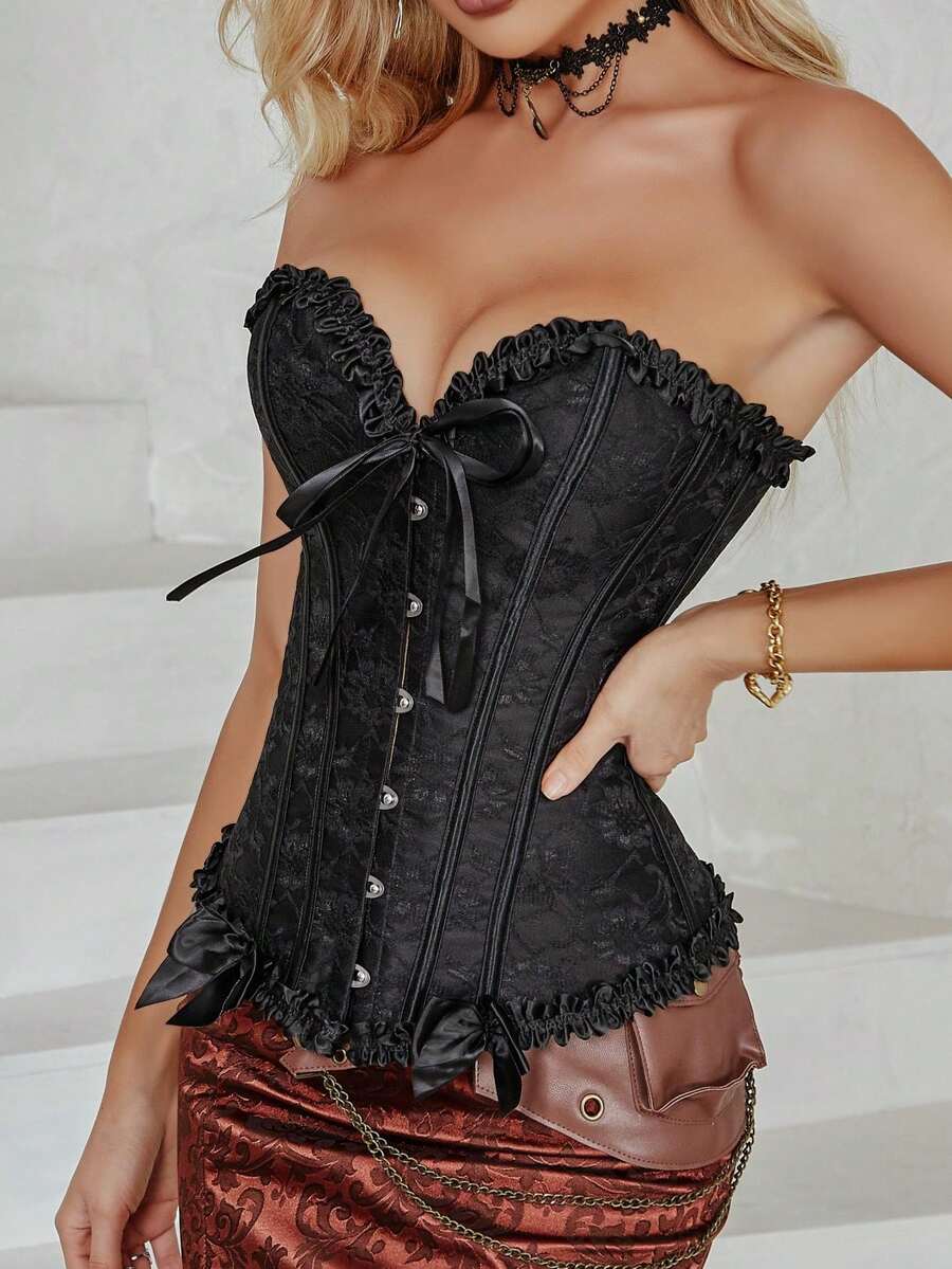 Women’s strapless corset bustier top with ruffle bow detail, boned structure, slim fit, and short tube design for party and occasion wear.