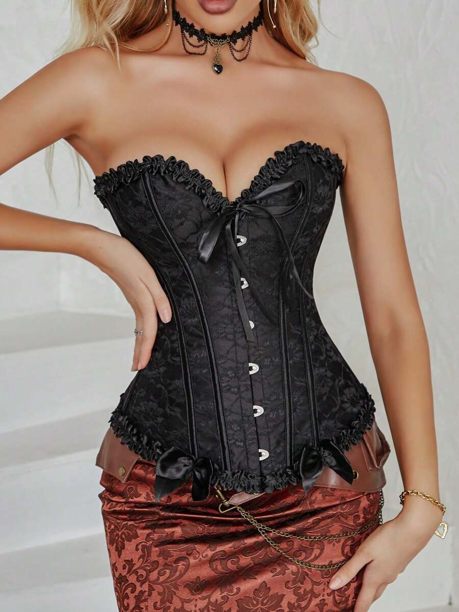Women’s strapless corset bustier top with ruffle bow detail, boned structure, slim fit, and short tube design for party and occasion wear.