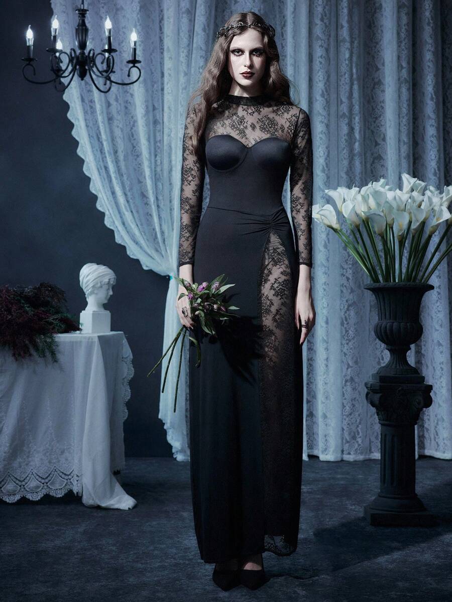 Black dark gothic romantic velvet patchwork lace slim fit maxi dress with long sleeves, stand collar, and mermaid hem for women formal evening wear.