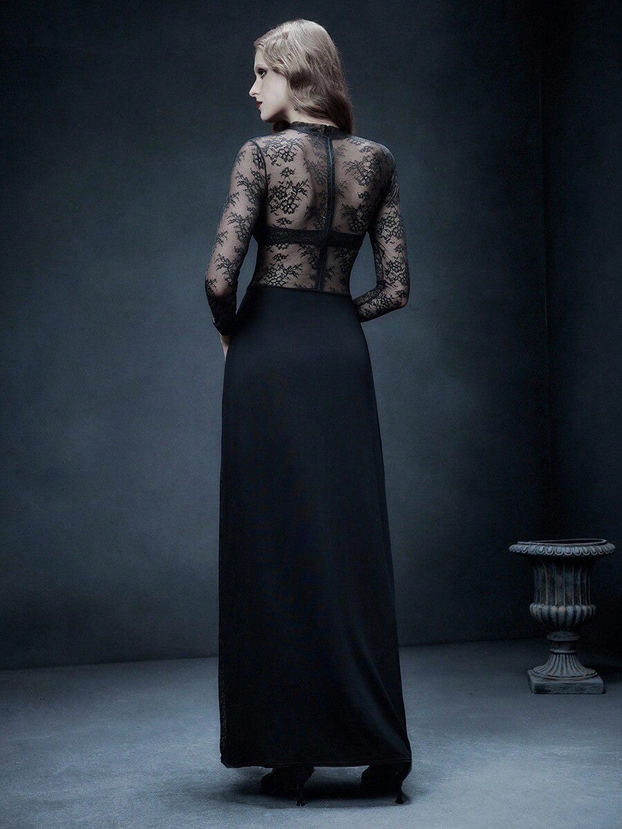 Black dark gothic romantic velvet patchwork lace slim fit maxi dress with long sleeves, stand collar, and mermaid hem for women formal evening wear.