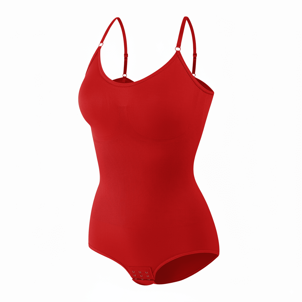 Black seamless V-neck shapewear bodysuit for women featuring backless design and tummy control
