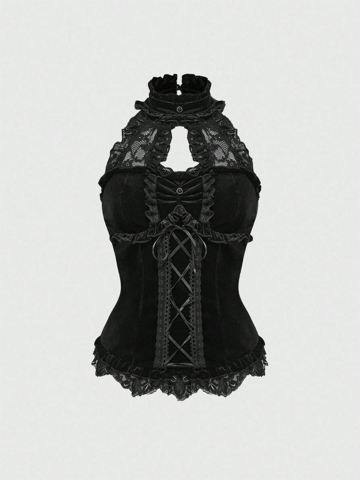 Women's black lace patchwork crop camisole with spaghetti straps, backless design, and tie-up front details.