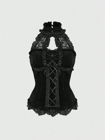 Women's black lace patchwork crop camisole with spaghetti straps, backless design, and tie-up front details.