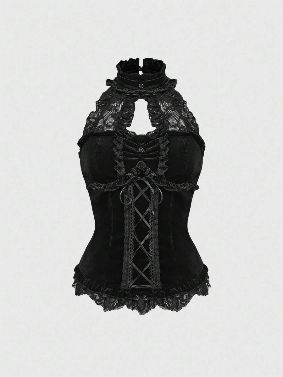 Women's black lace patchwork crop camisole with spaghetti straps, backless design, and tie-up front details.