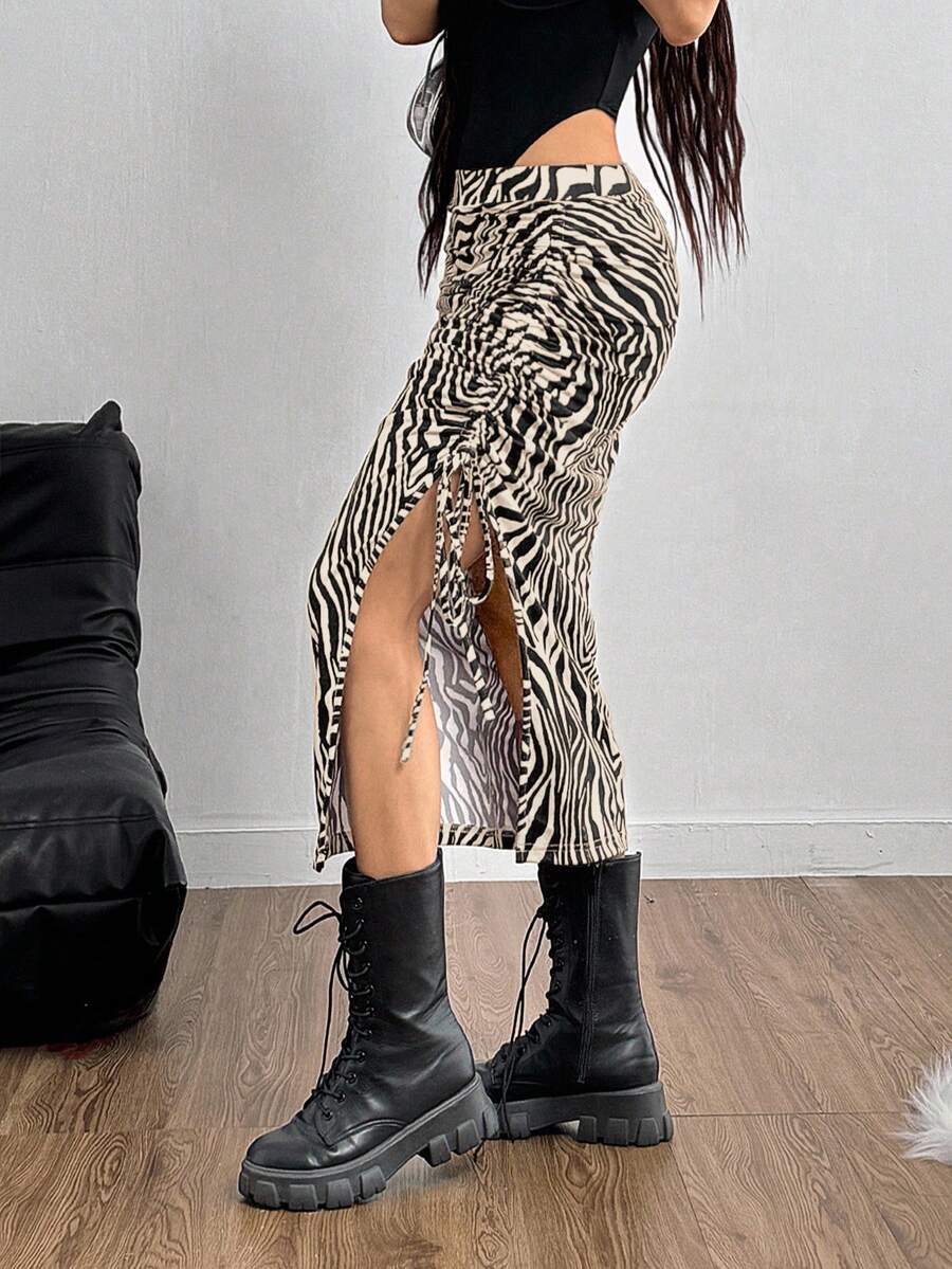 Khaki zebra print long skirt for women featuring side drawstring, ruched detailing, split thigh hem, and skinny mid-waist fit.