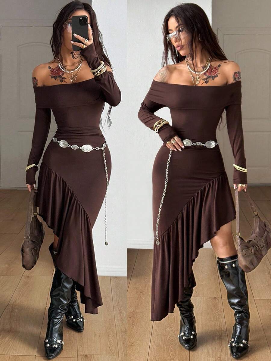 Women wearing a dark brown off the shoulder bustier long dress featuring an asymmetrical ruffle hem split and long sleeves.