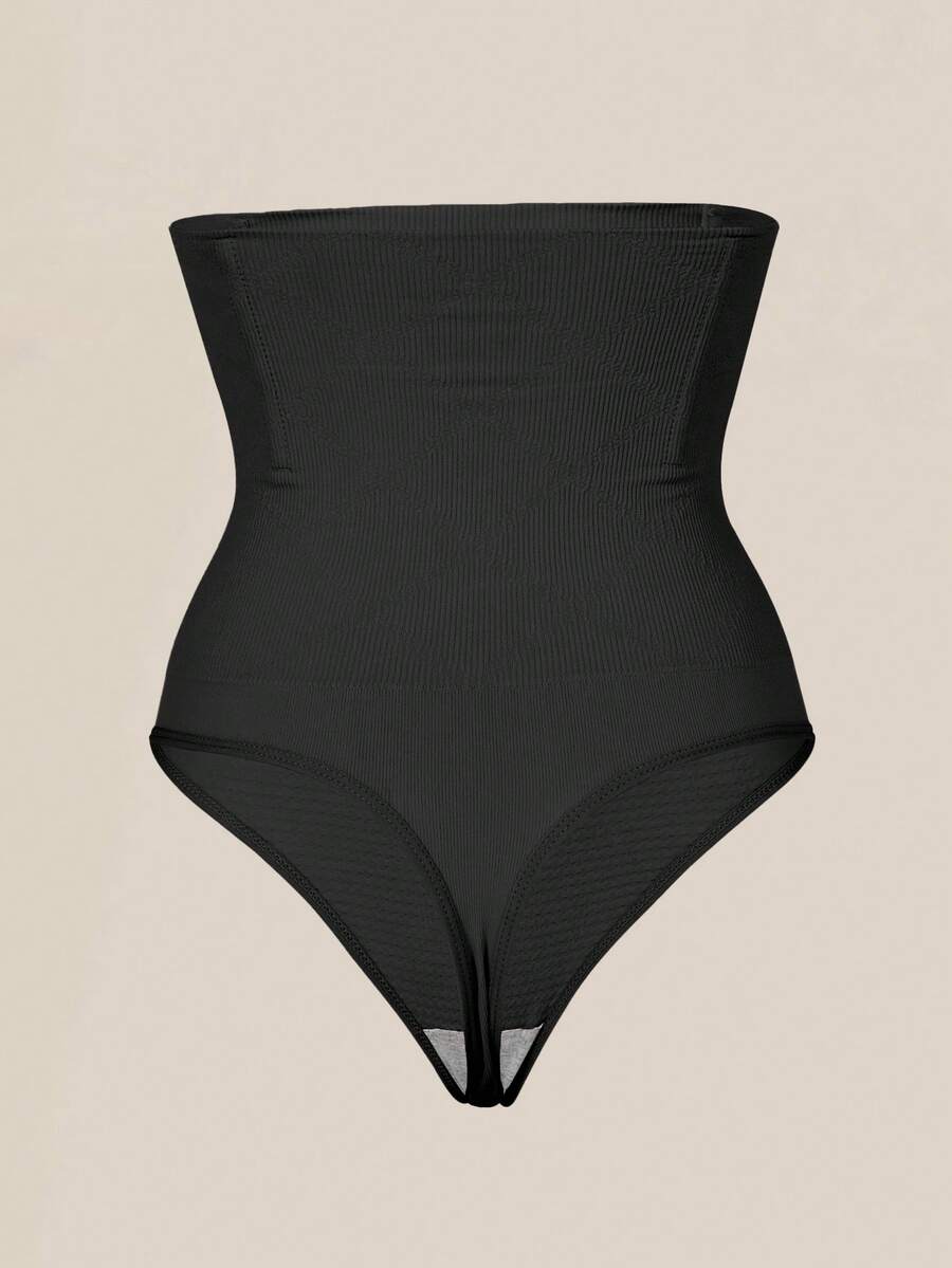 Black high waist seamless tummy control panties for women featuring high-stretch knitted fabric and contrast mesh details.
