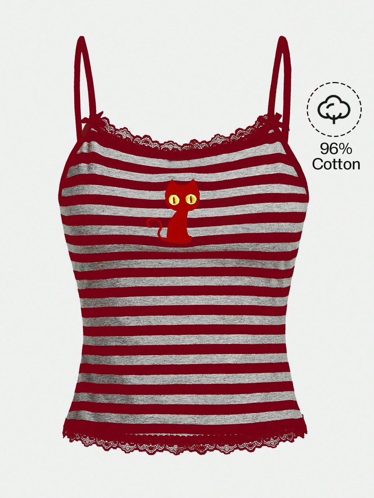 Burgundy rib-knit spaghetti strap camisole top featuring contrast lace patchwork trim, a decorative bow, and detailed cat embroidery.