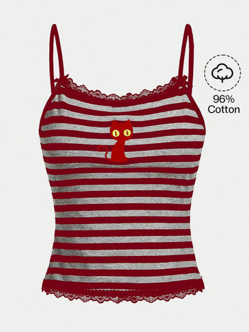 Burgundy rib-knit spaghetti strap camisole top featuring contrast lace patchwork trim, a decorative bow, and detailed cat embroidery.