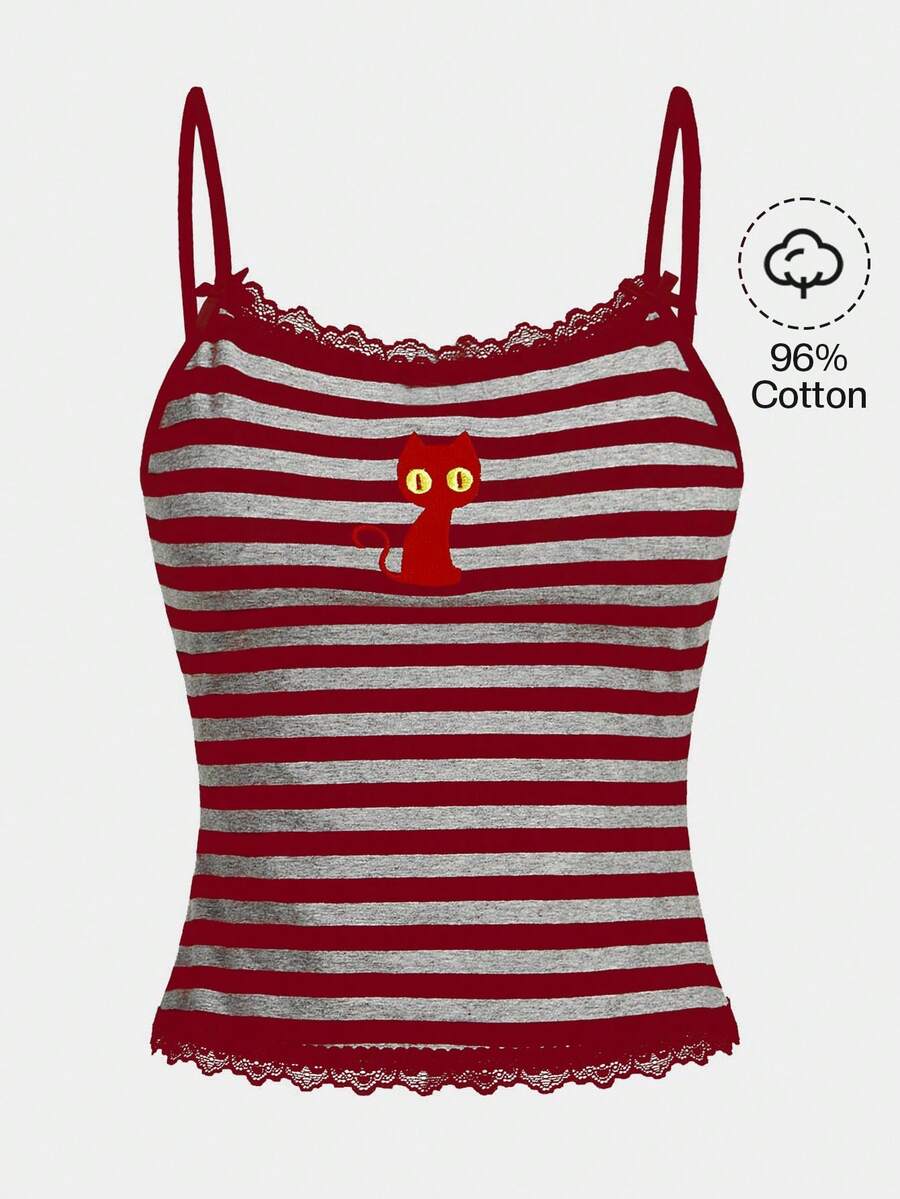 Burgundy rib-knit spaghetti strap camisole top featuring contrast lace patchwork trim, a decorative bow, and detailed cat embroidery.