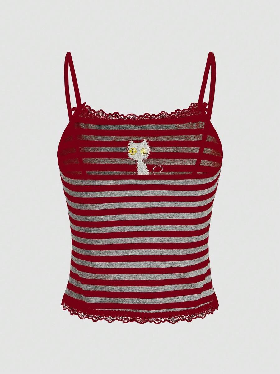 Burgundy rib-knit spaghetti strap camisole top featuring contrast lace patchwork trim, a decorative bow, and detailed cat embroidery.