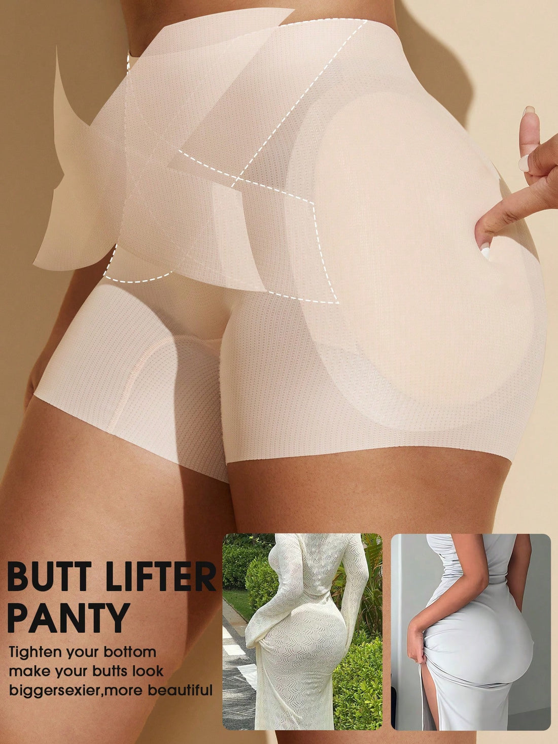 Apricot high-stretch women's butt lifting shapewear shorts with removable padded buttocks for tummy and waist control.