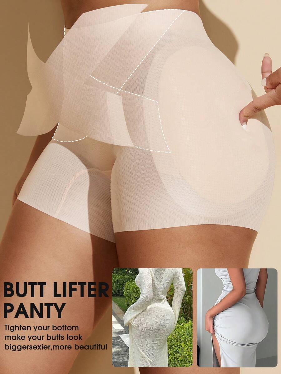 Apricot high-stretch women's butt lifting shapewear shorts with removable padded buttocks for tummy and waist control.