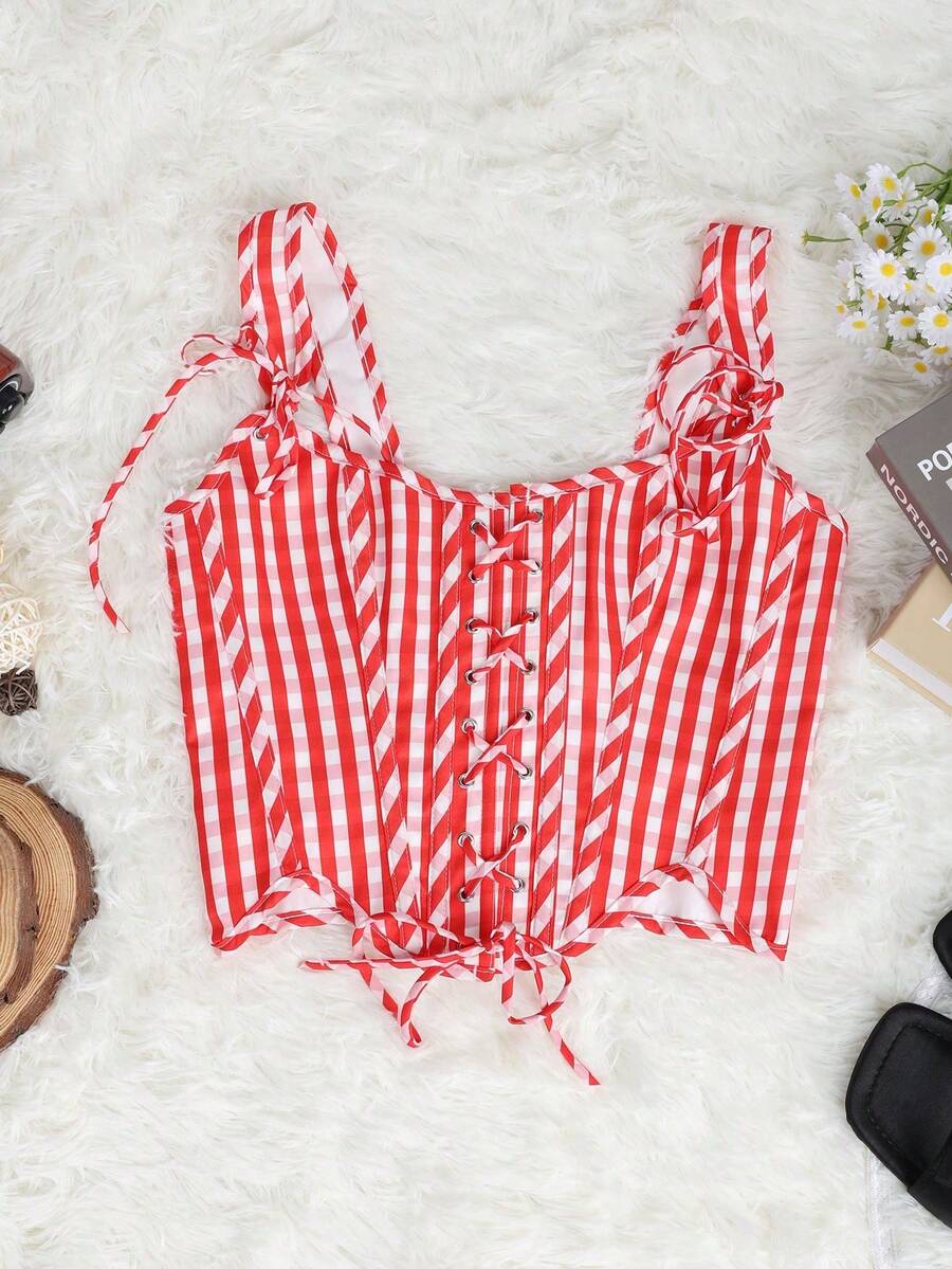 Apperloth women's red plaid corset top featuring a lace-up front with bow detail, shoulder straps, and a slim cropped fit.