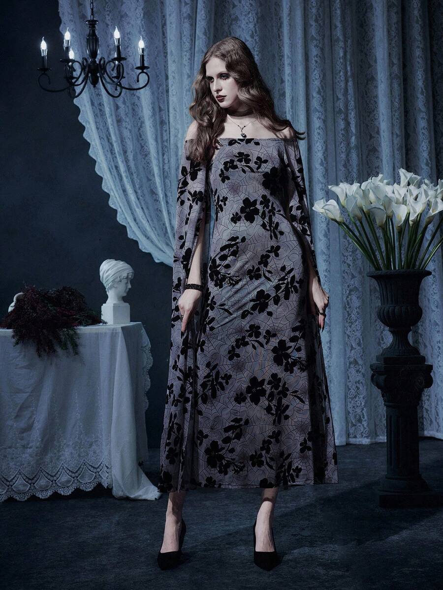 Multicolor off the shoulder knitted midi dress featuring cloak sleeves, contrast mesh details, and a bodycon mermaid split hem.