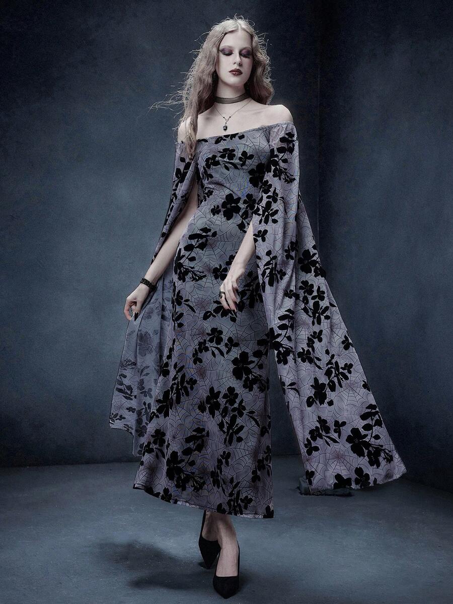 Multicolor off the shoulder knitted midi dress featuring cloak sleeves, contrast mesh details, and a bodycon mermaid split hem.