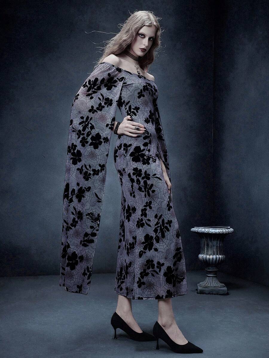 Multicolor off the shoulder knitted midi dress featuring cloak sleeves, contrast mesh details, and a bodycon mermaid split hem.