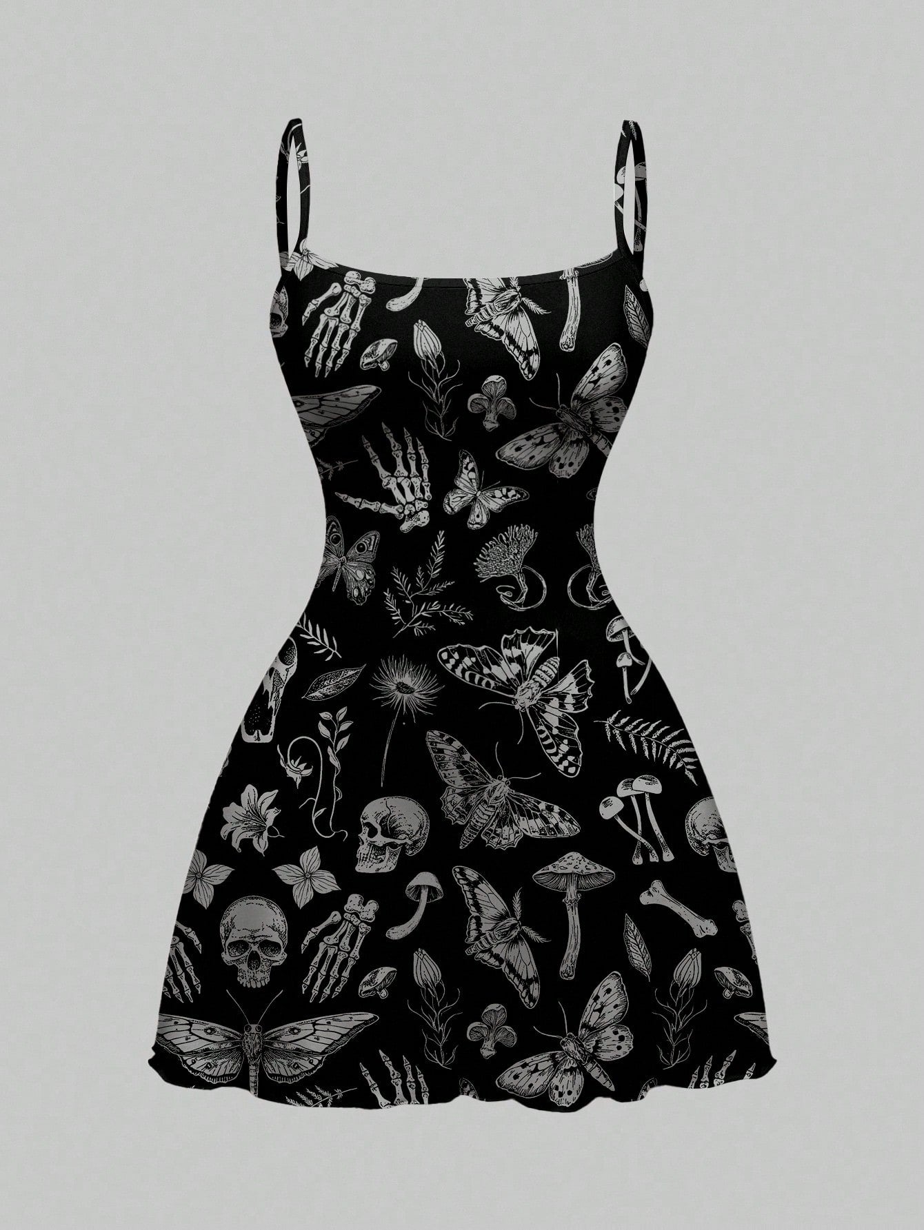 Beige graphic cami mini dress for women featuring a backless slim fit design, high waist flared hem, lettuce trim, spaghetti straps, and arm sleeves.