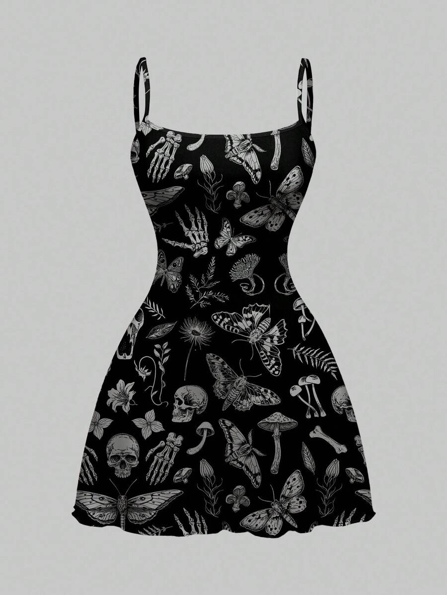 Beige graphic cami mini dress for women featuring a backless slim fit design, high waist flared hem, lettuce trim, spaghetti straps, and arm sleeves.