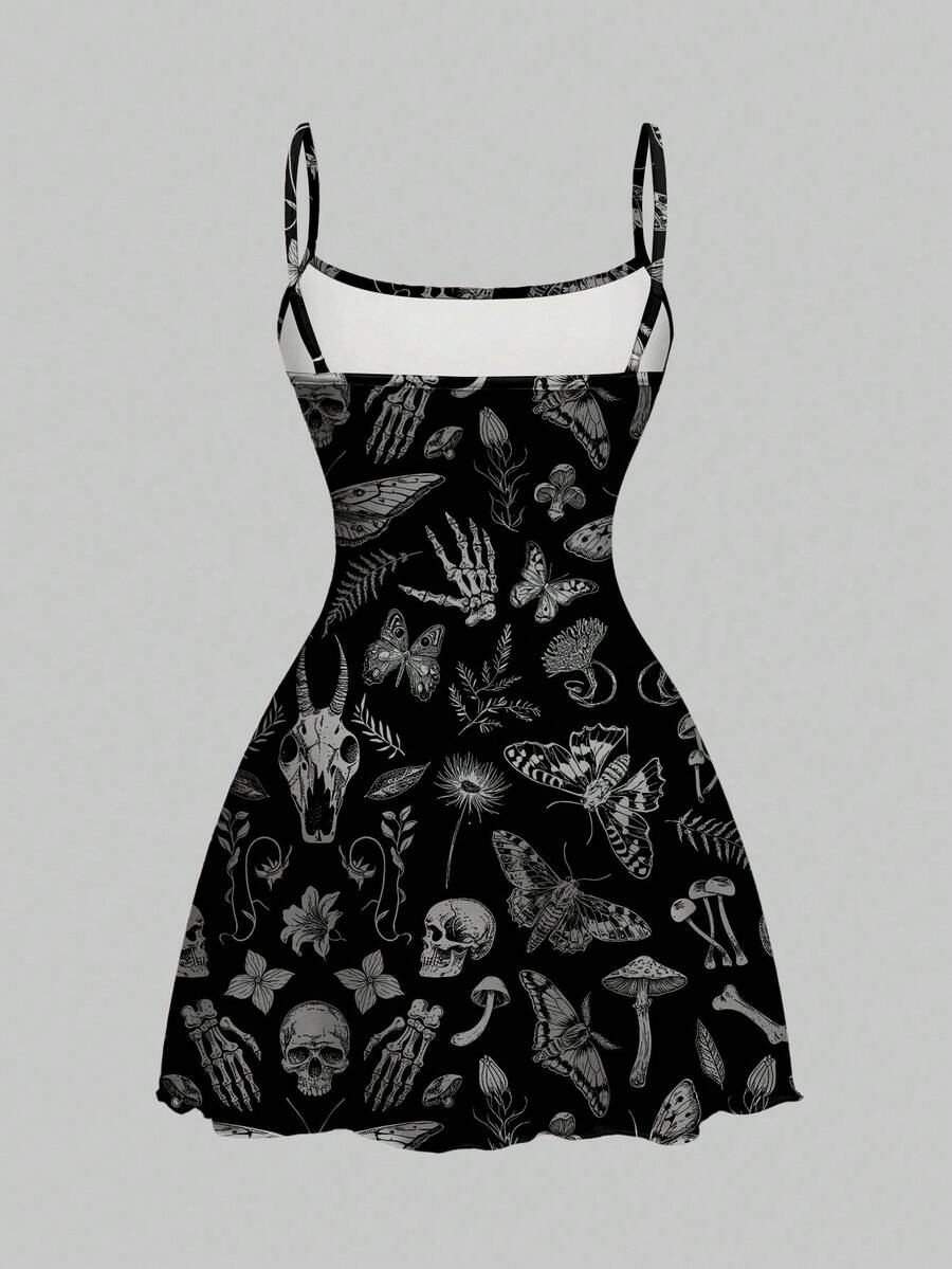 Beige graphic cami mini dress for women featuring a backless slim fit design, high waist flared hem, lettuce trim, spaghetti straps, and arm sleeves.