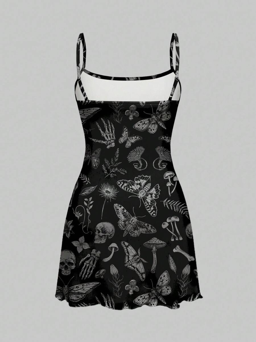 Beige graphic cami mini dress for women featuring a backless slim fit design, high waist flared hem, lettuce trim, spaghetti straps, and arm sleeves.