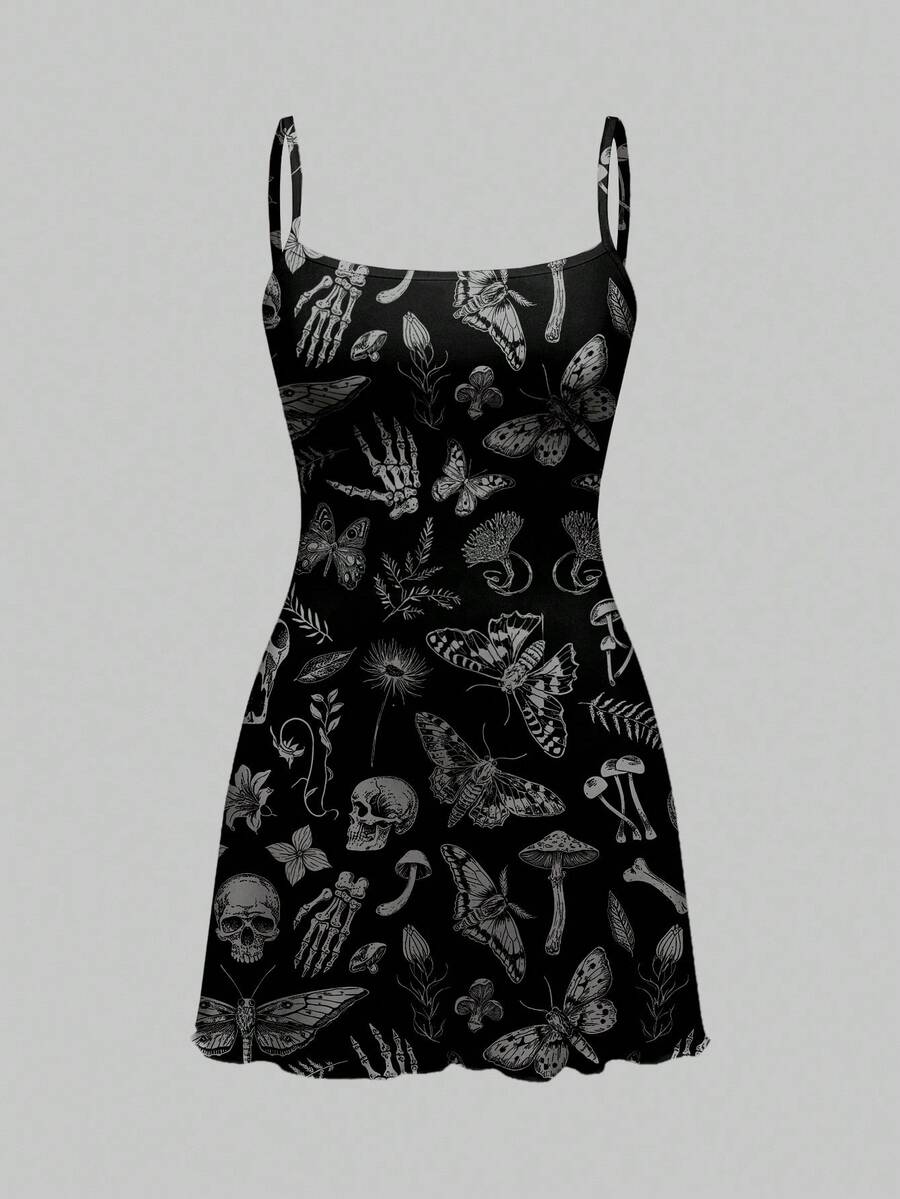 Beige graphic cami mini dress for women featuring a backless slim fit design, high waist flared hem, lettuce trim, spaghetti straps, and arm sleeves.
