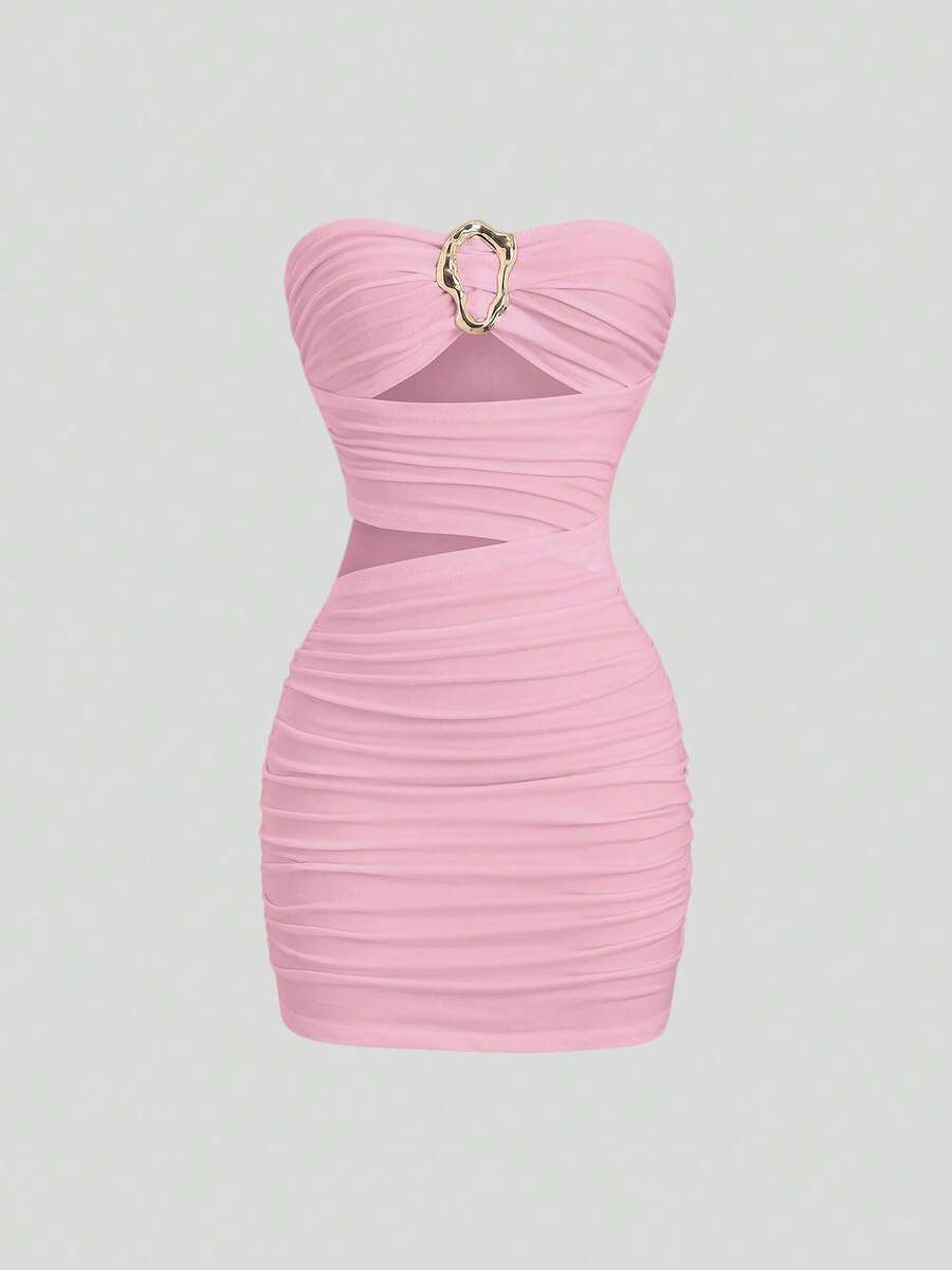 Women's black strapless bodycon mini dress featuring ruched detailing, cut-out design with ring accent, mid-waist pencil hem, and slim fit knitted stretch fabric.