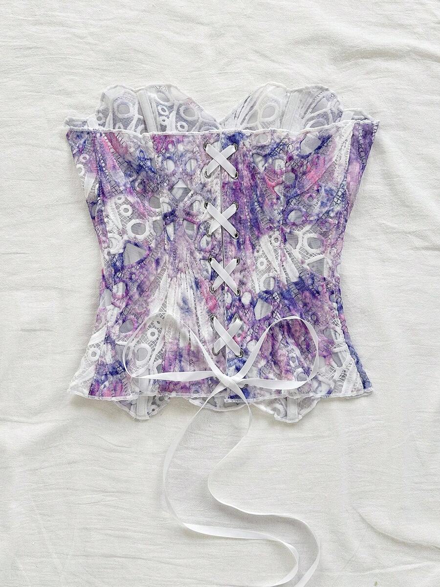 Strapless floral lace corset top with lace-up detail, asymmetrical hem, and slim fit for women.