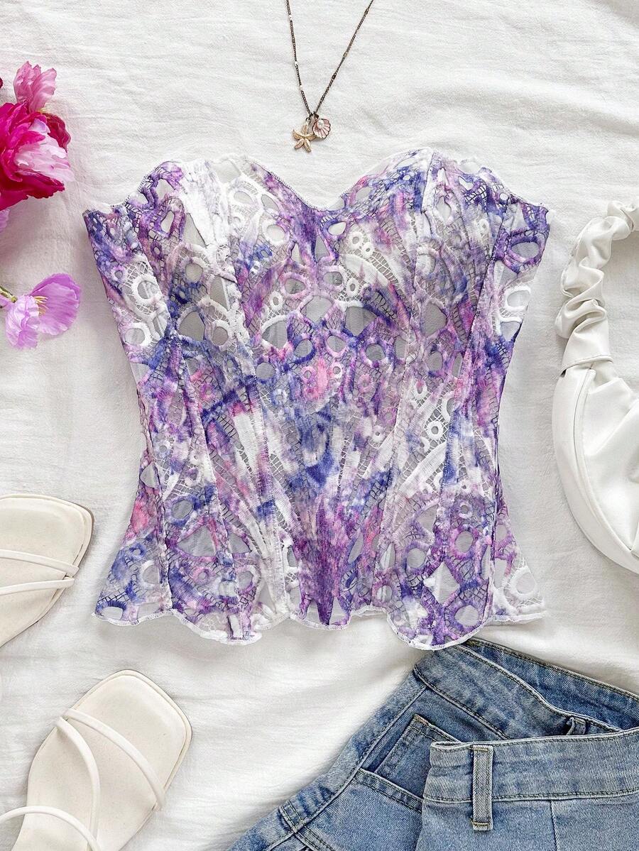 Strapless floral lace corset top with lace-up detail, asymmetrical hem, and slim fit for women.