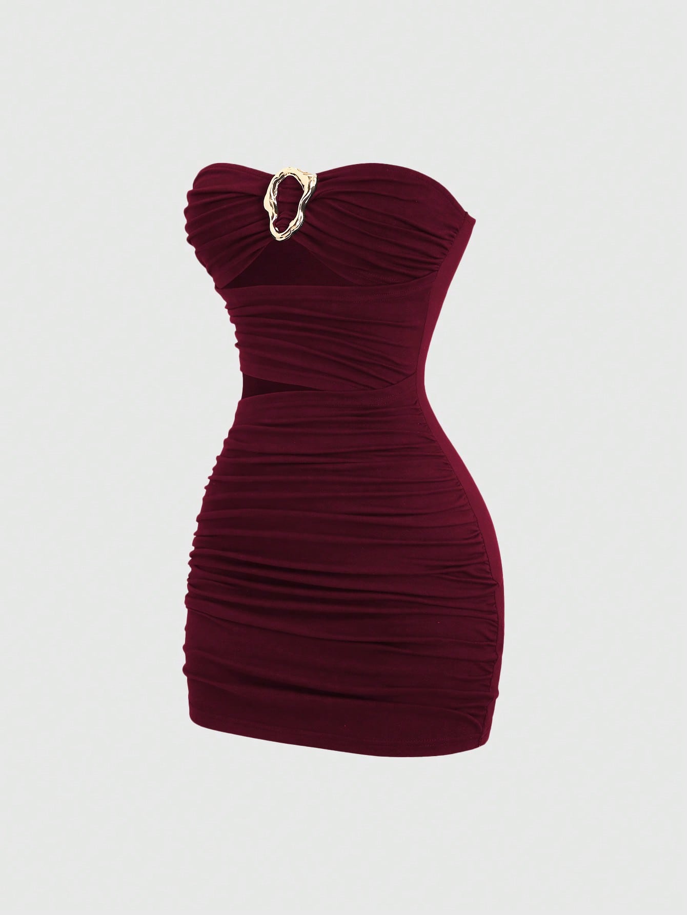 Women's black strapless bodycon mini dress featuring ruched detailing, cut-out design with ring accent, mid-waist pencil hem, and slim fit knitted stretch fabric.
