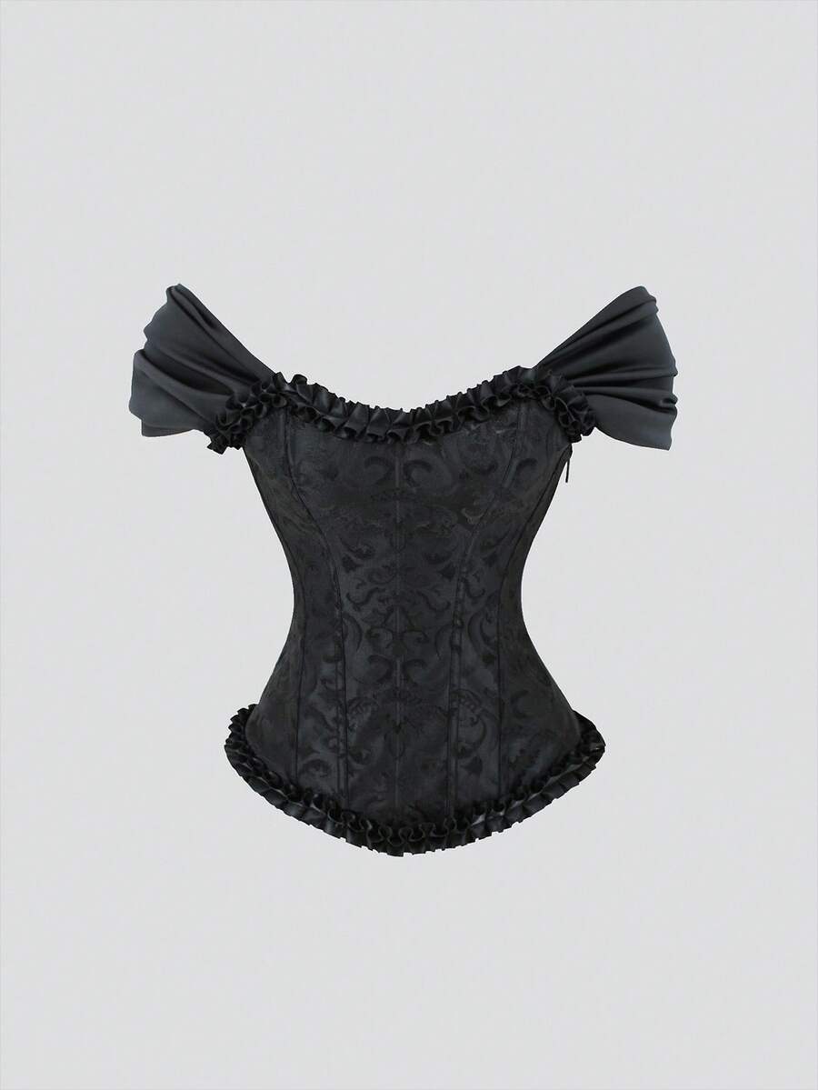 Women's apricot off-shoulder camisole top featuring asymmetrical frill trim and lace-up detail in a slim fit.