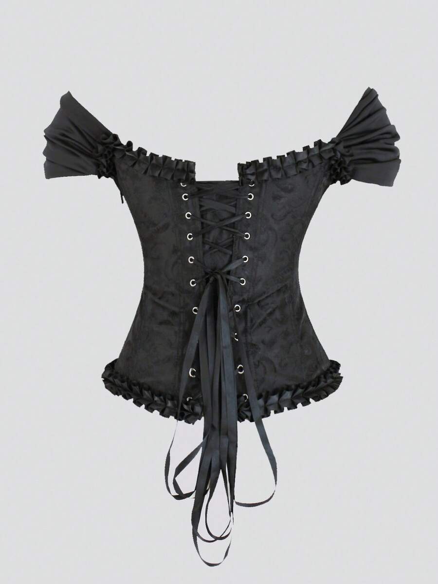 Women's apricot off-shoulder camisole top featuring asymmetrical frill trim and lace-up detail in a slim fit.